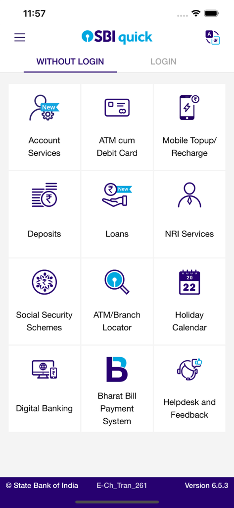 SBI Quick - SBI Quick app main menu showing various banking services available without login like Account Services NRI Services and ATM Card Management