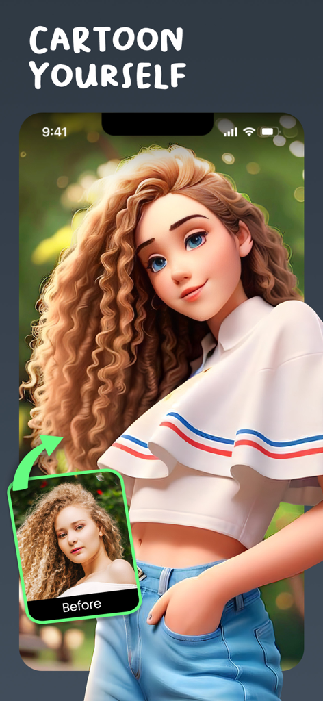 AI Cartoon Generator App - A comparison showing a real photo of a woman with curly hair transformed into a vibrant 3D animated cartoon character.