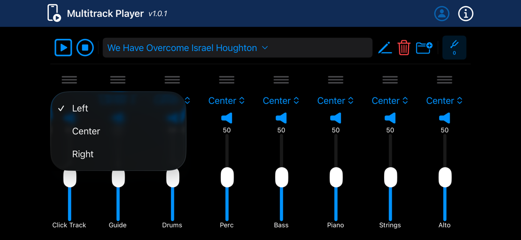 The Multitrack Player - Interface of The Multitrack Player showing individual channel faders for drums, bass, and piano with a panning selection menu.