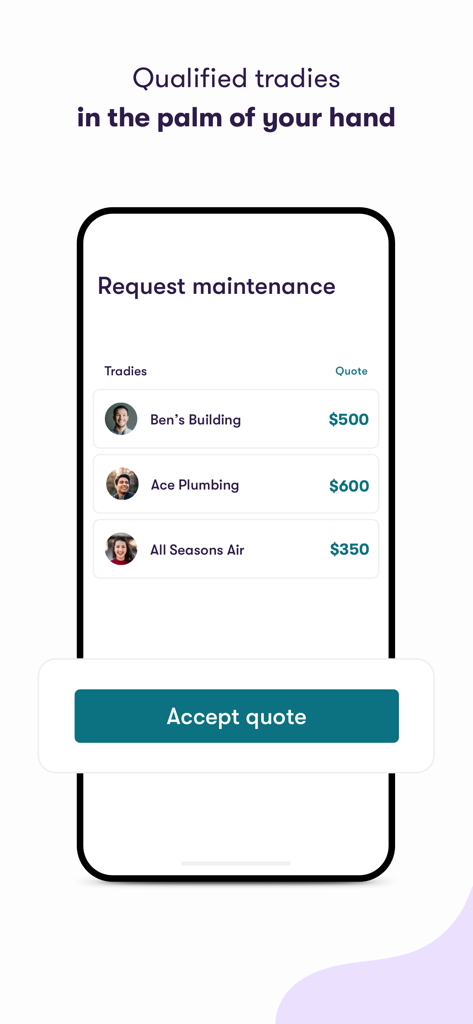 Eine mobile Benutzeroberfläche der Sorted App, die einen Bildschirm für Instandhaltungsanfragen mit verschiedenen Angeboten von Handwerkern wie Bauherren und Klempnern zeigt.