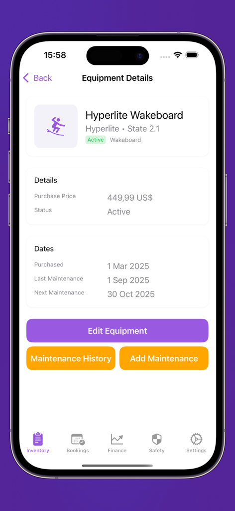 PCB Pier Control Board - iPhone-Bildschirm mit Ausrüstungsdetails für ein Hyperlite-Wakeboard, einschließlich Wartungsdaten und Kaufpreis in der PCB Pier Control Board-App.