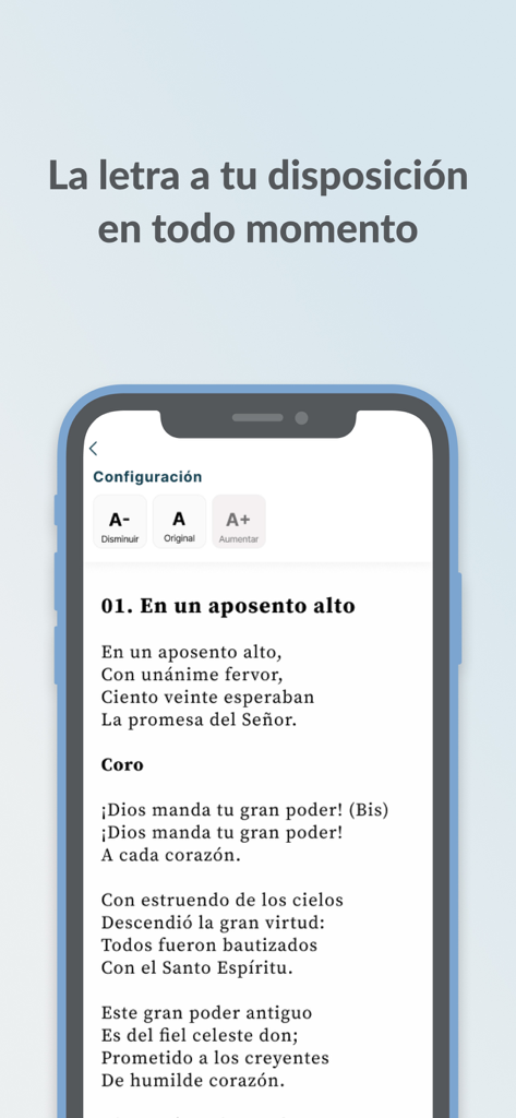 Himnos de Gloria - Himnos de Gloria app interface showing hymn lyrics and text size adjustment options