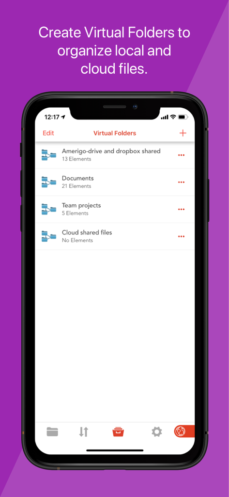 Amerigo - File Manager - Interfaz de la aplicación Amerigo File Manager que muestra carpetas virtuales utilizadas para organizar archivos locales y en la nube en un solo lugar.