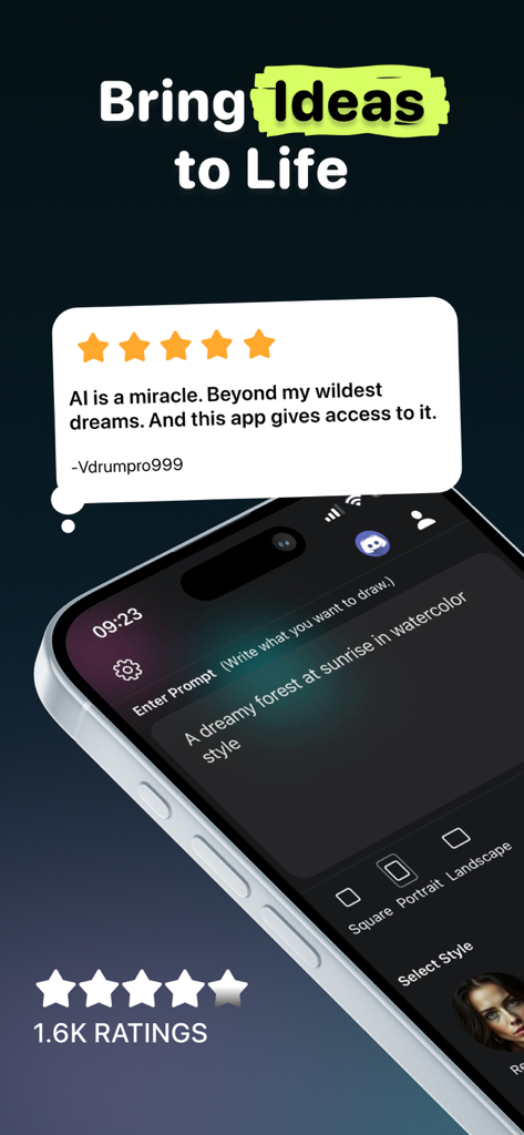Un iPhone affichant une application de génération d'art IA avec un prompt textuel pour une forêt de rêve et un avis utilisateur cinq étoiles.