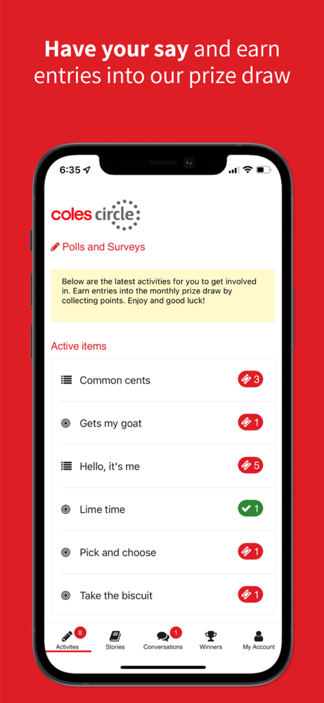 Coles Circle - A mobile screenshot of the Coles Circle app displaying various active polls and surveys for users to participate in and earn prize draw entries.