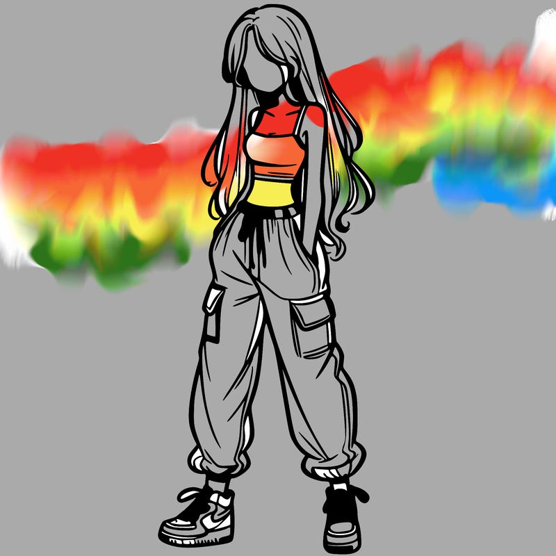 girl in baggy pants crop top and long hair