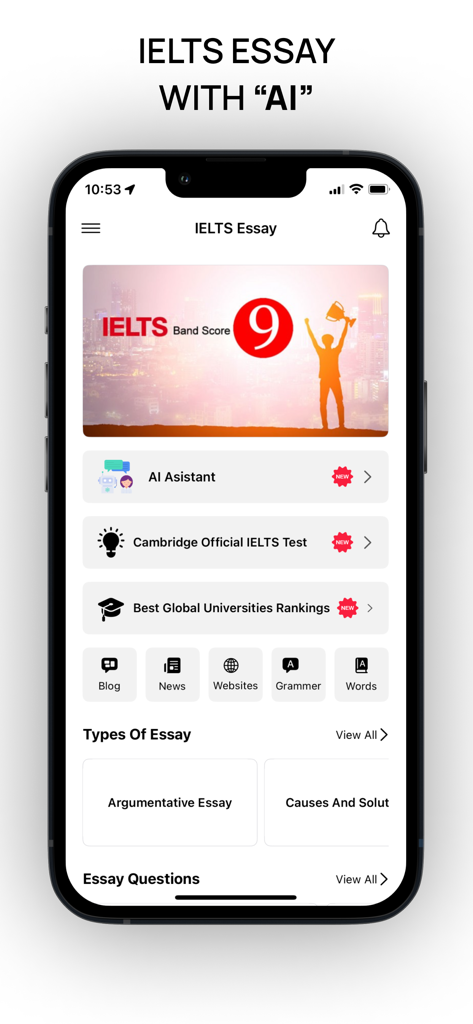 AI 어시스턴트 기능과 밴드 9 에세이 샘플을 보여주는 IELTS 에세이 앱 홈 화면.