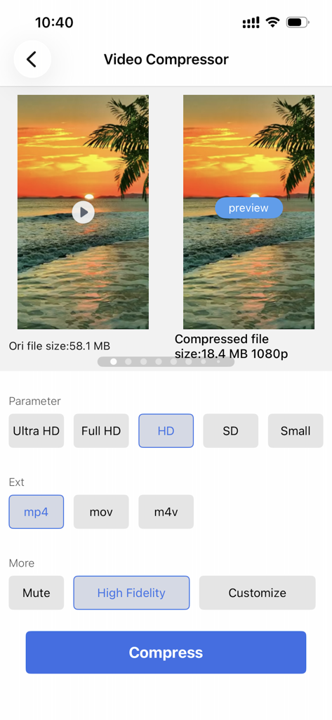 SlimSpace app interface showing video compression settings and a file size reduction comparison