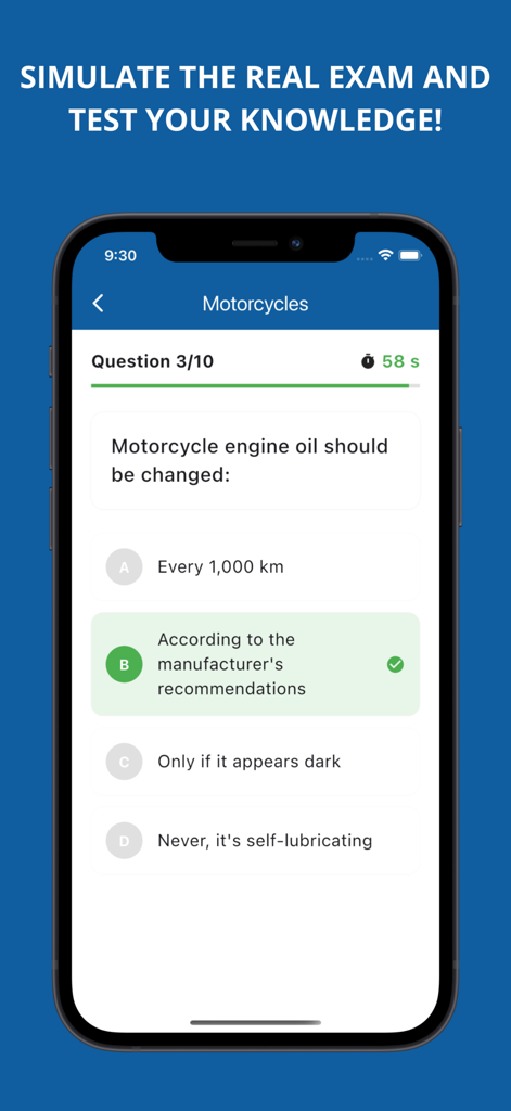 Theoretical driving test - Una pantalla de teléfono inteligente que muestra una pregunta de opción múltiple para un examen teórico de conducir de motocicleta.
