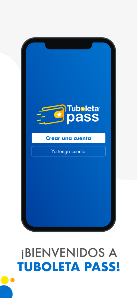 Tuboleta Pass app splash screen with login and signup options