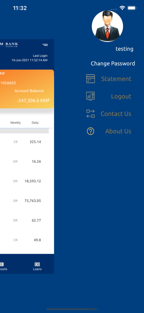 MyExim - Profile sidebar of the MyExim mobile banking app showing account settings and menu options