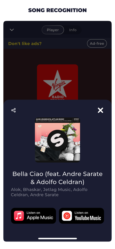 Radio Romania Live Online FM - Pantalla de reconocimiento de canciones en la aplicación Radio Romania mostrando una pista identificada con enlaces de streaming de música.