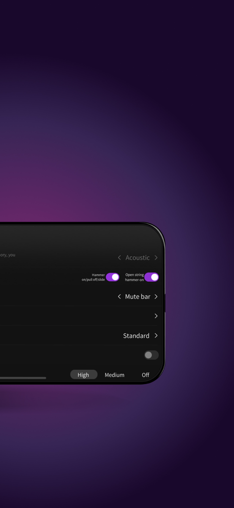 AeroBand Guitar app interface for customizing tones and string sensitivity