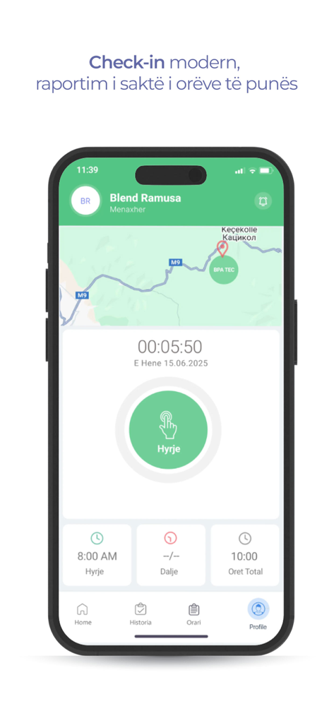 Mobile interface of Line HR app showing an employee check-in screen with a GPS map and attendance timer.