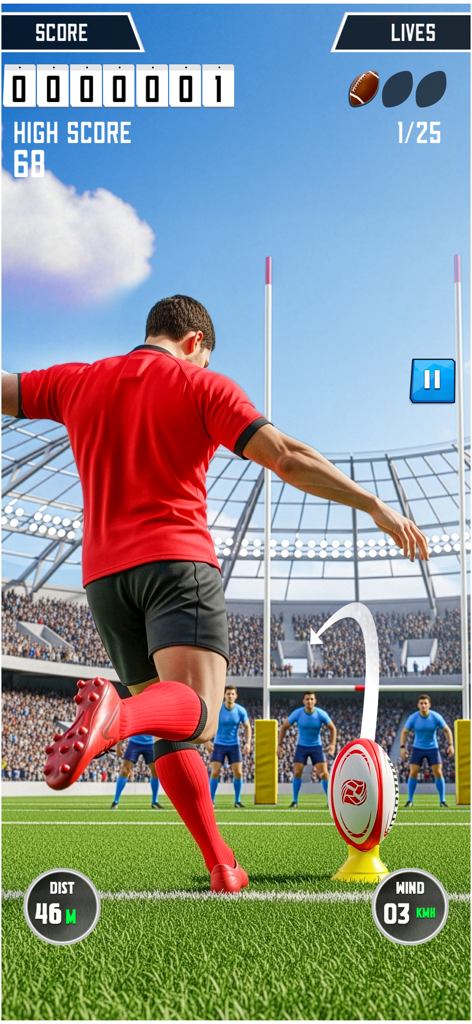 A rugby player in a red jersey kicking a ball towards goalposts in a 3D stadium.