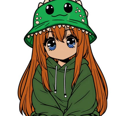 girl with anime shaped eyes with a dinosaur bucket hat oversized sweatshirt long straight hair