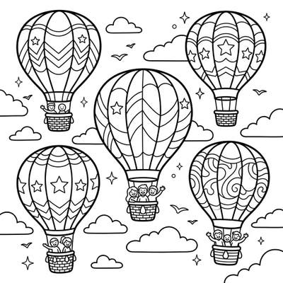 Let your child's imagination take flight with this enchanting hot air balloon coloring page! Featuring multiple balloons and happy passengers, it's a perfect creative adventure for young artists.