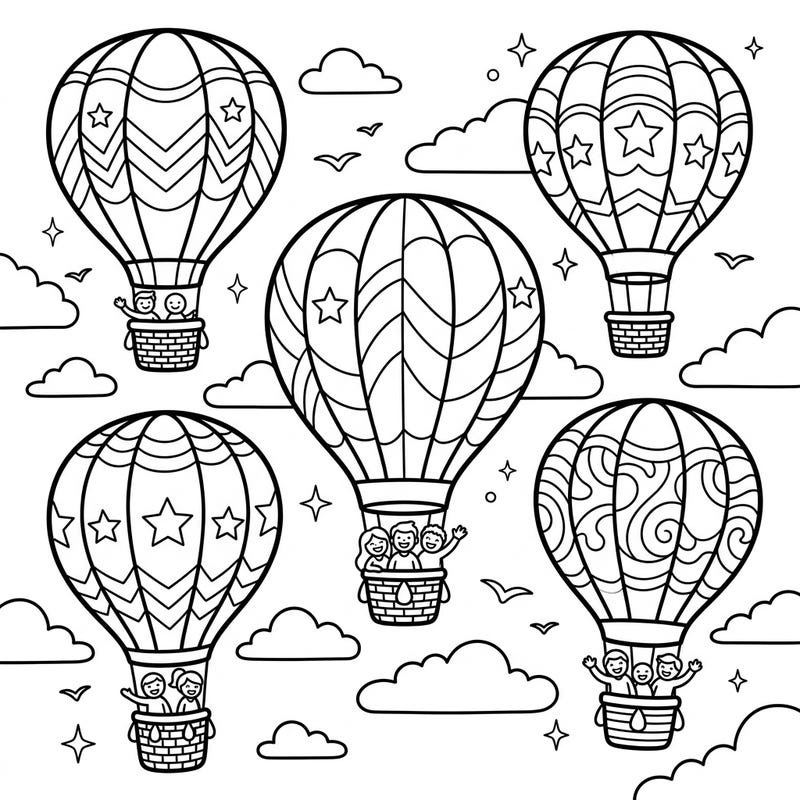Let your child's imagination take flight with this enchanting hot air balloon coloring page! Featuring multiple balloons and happy passengers, it's a perfect creative adventure for young artists.
