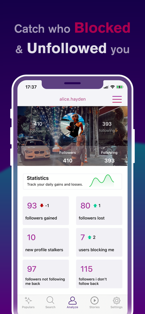 Profile Reports Tracker - Dashboard dell'app Profile Reports Tracker che mostra guadagni e perdite di follower e statistiche dell'account