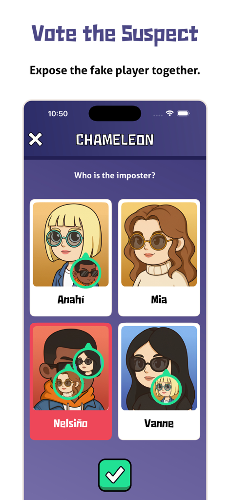 A voting screen in the Chameleon mobile app where players select the suspected imposter among four character avatars.