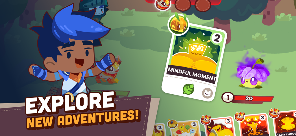 A cartoon character in a green field with a Mindful Moment card and the text Explore New Adventures