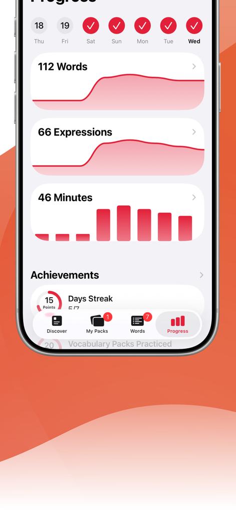 ベトナム語学習用のモバイルアプリダッシュボード、単語数、学習時間、達成度を表示