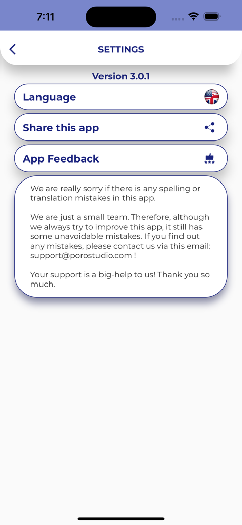 PORO - Japanese Grammar - La pantalla de configuración de la aplicación PORO Japanese Grammar, mostrando opciones de idioma, compartir y comentarios de la aplicación.