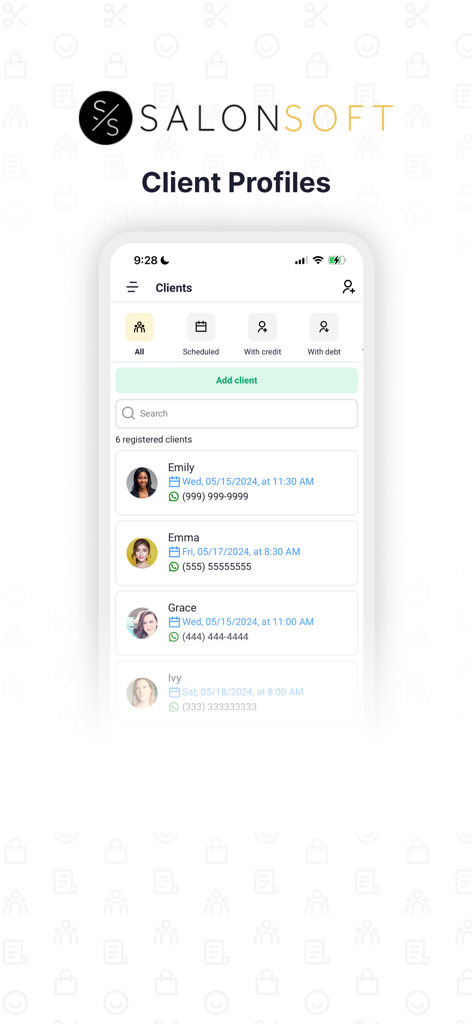 Interfaccia dell'app Salon Soft che mostra un elenco di profili clienti con orari degli appuntamenti e informazioni di contatto.