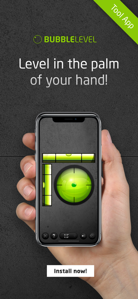 A person holding a smartphone showing the Bubble Level 2022 interface for DIY projects