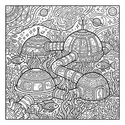 Journey to an extraordinary world with this intricate coloring page featuring futuristic Aquatic Space Habitats. Discover a vibrant ecosystem where cosmic elements meet alien underwater life, ready for your creative touch.