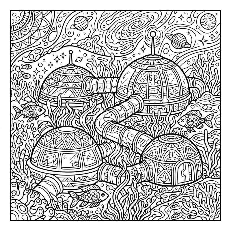 Journey to an extraordinary world with this intricate coloring page featuring futuristic Aquatic Space Habitats. Discover a vibrant ecosystem where cosmic elements meet alien underwater life, ready for your creative touch.