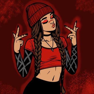 realistic teenage girl with braids and a beanie and crop top doing 🫶🏼