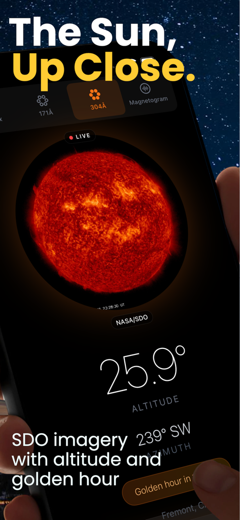 Solstix - Solstix app interface showing live NASA SDO imagery of the sun with solar altitude and azimuth data