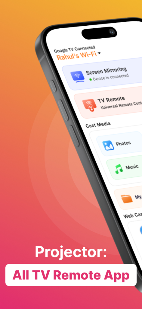 Projector: All TV Remote App - Interfaz de la aplicación Proyector en un iPhone que muestra opciones para duplicación de pantalla, control remoto universal para TV y transmisión de medios.
