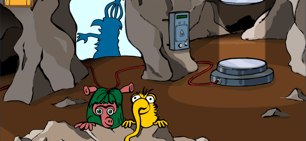 Learning German Mumbro Zinell - マンブロとジネルのカートゥーンキャラクターが神秘的な洞窟の世界にいる様子