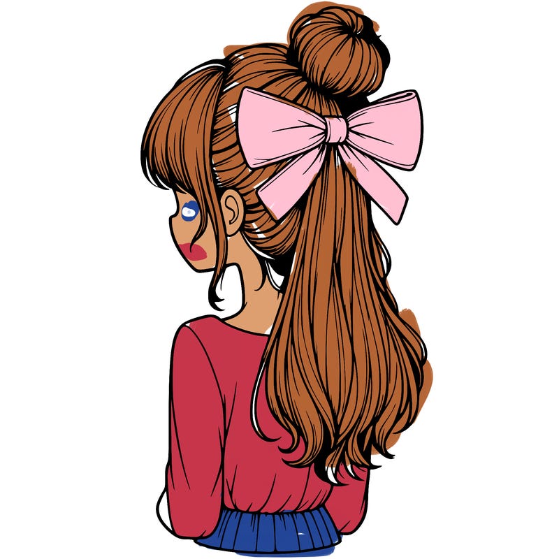 realistic girl  with hip length hair a bun and a big bow on the back of head