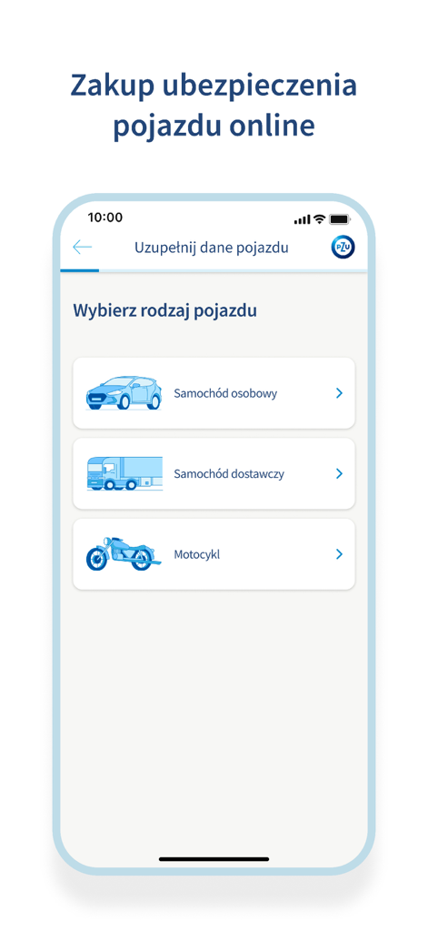 mojePZU mobile app screen for choosing vehicle type to buy insurance online