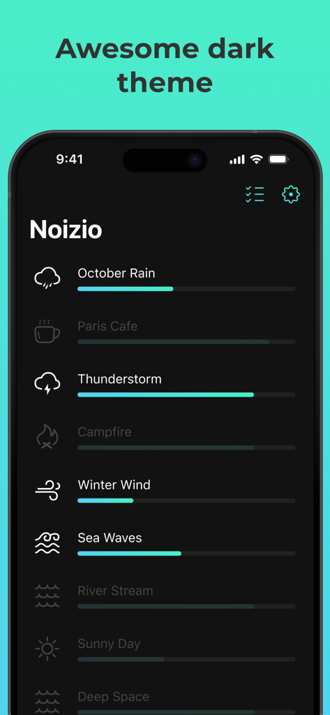 Noizio — focus, relax, sleep - Noizio app interface showing the dark theme with volume sliders for mixing ambient sounds like October Rain and Thunderstorm
