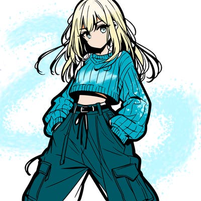anime teen girl with baggy pants and crop top with sweater
