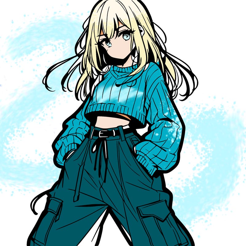 anime teen girl with baggy pants and crop top with sweater