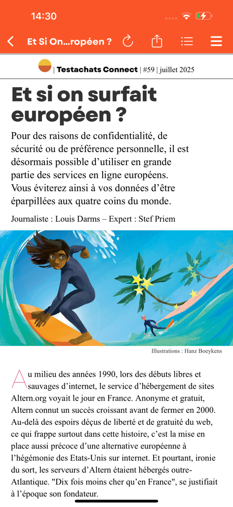 Testachats Digital - 欧州のインターネットプライバシーに関する雑誌記事を表示するTestachats Digitalアプリ