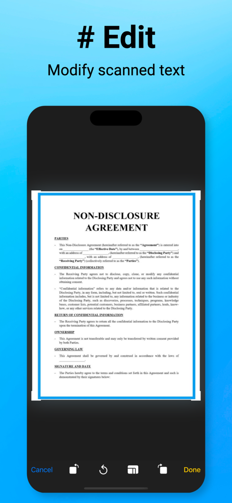 AI Image to Text OCR Scanner - Pantalla de smartphone mostrando la interfaz de edición de un documento legal escaneado en la aplicación OCR con IA