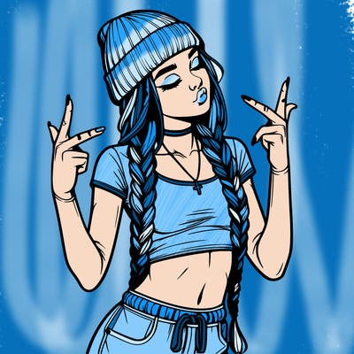 realistic teenage girl with braids and a beanie and crop top doing 🫶🏼