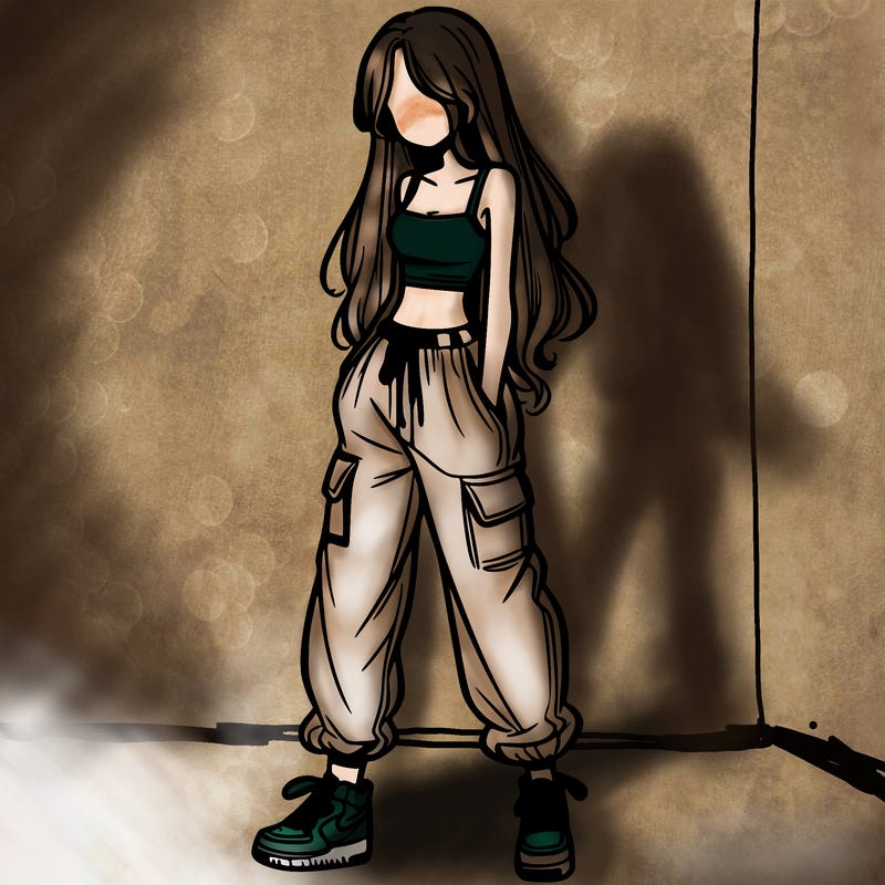 girl in baggy pants crop top and long hair