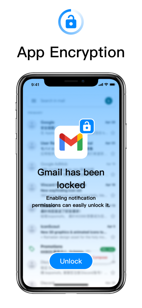 App Lock-Lock Apps, App Locker - Smartphone screen displaying a locked Gmail app with an unlock button and app encryption label.
