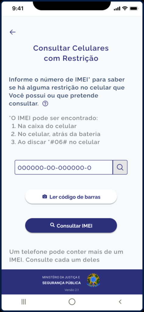 Celular Seguro BR - Interface of the Celular Seguro BR app for checking restricted mobile devices using an IMEI number