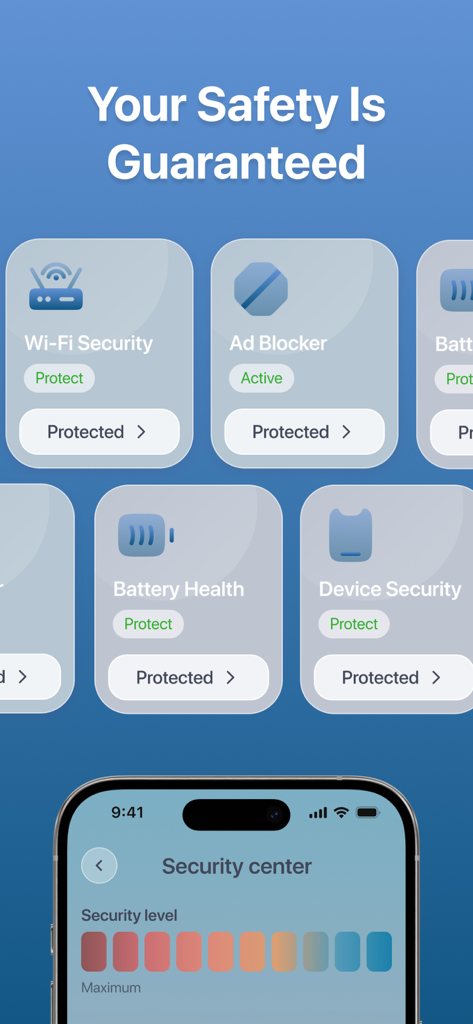 Fortyx VPN - Fortyx VPN app interface showing active security features including Wi-Fi security, ad blocker, battery health, and device protection.