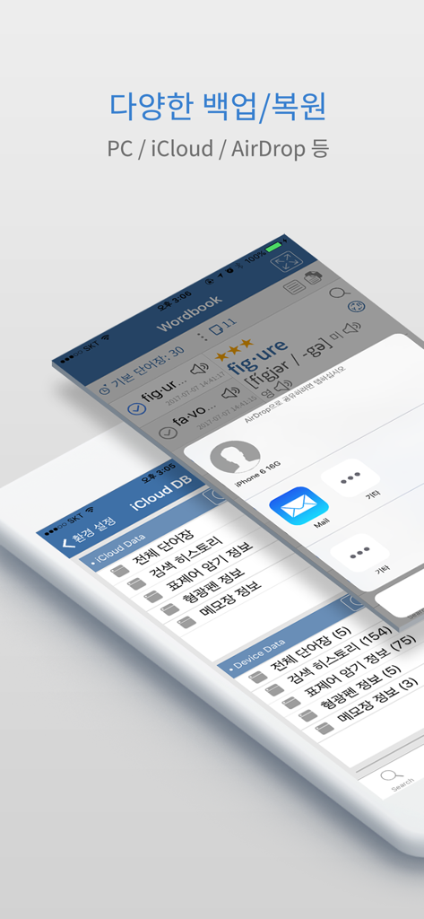 YBM English Korean English DIC - Interface of YBM Dictionary app showcasing iCloud backup and AirDrop data transfer features