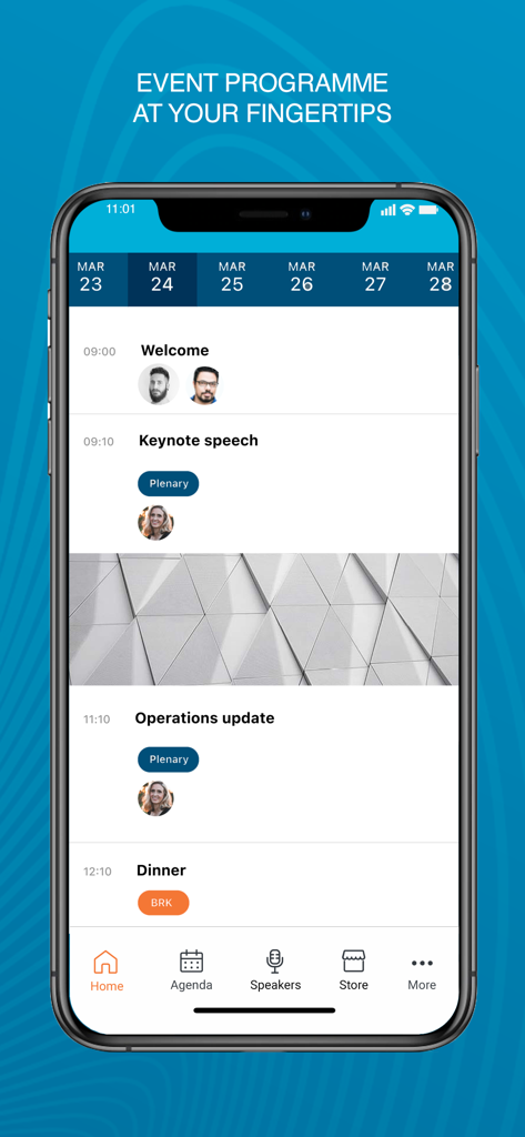 Invest Europe Events - Invest Europe Events App-Oberfläche, die ein tägliches Konferenzprogramm mit Sitzungen wie Keynote-Reden und Betriebsaktualisierungen zeigt