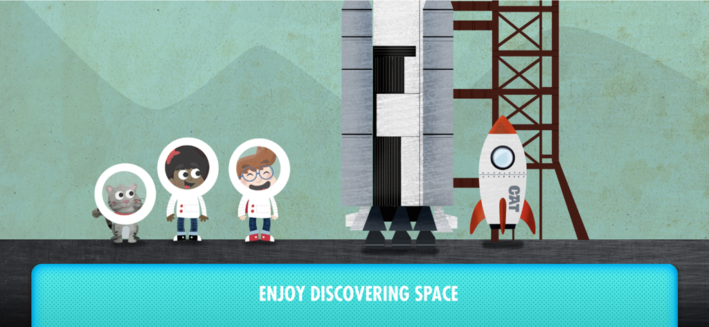 Cartoon children and a cat in astronaut helmets near a space rocket launchpad